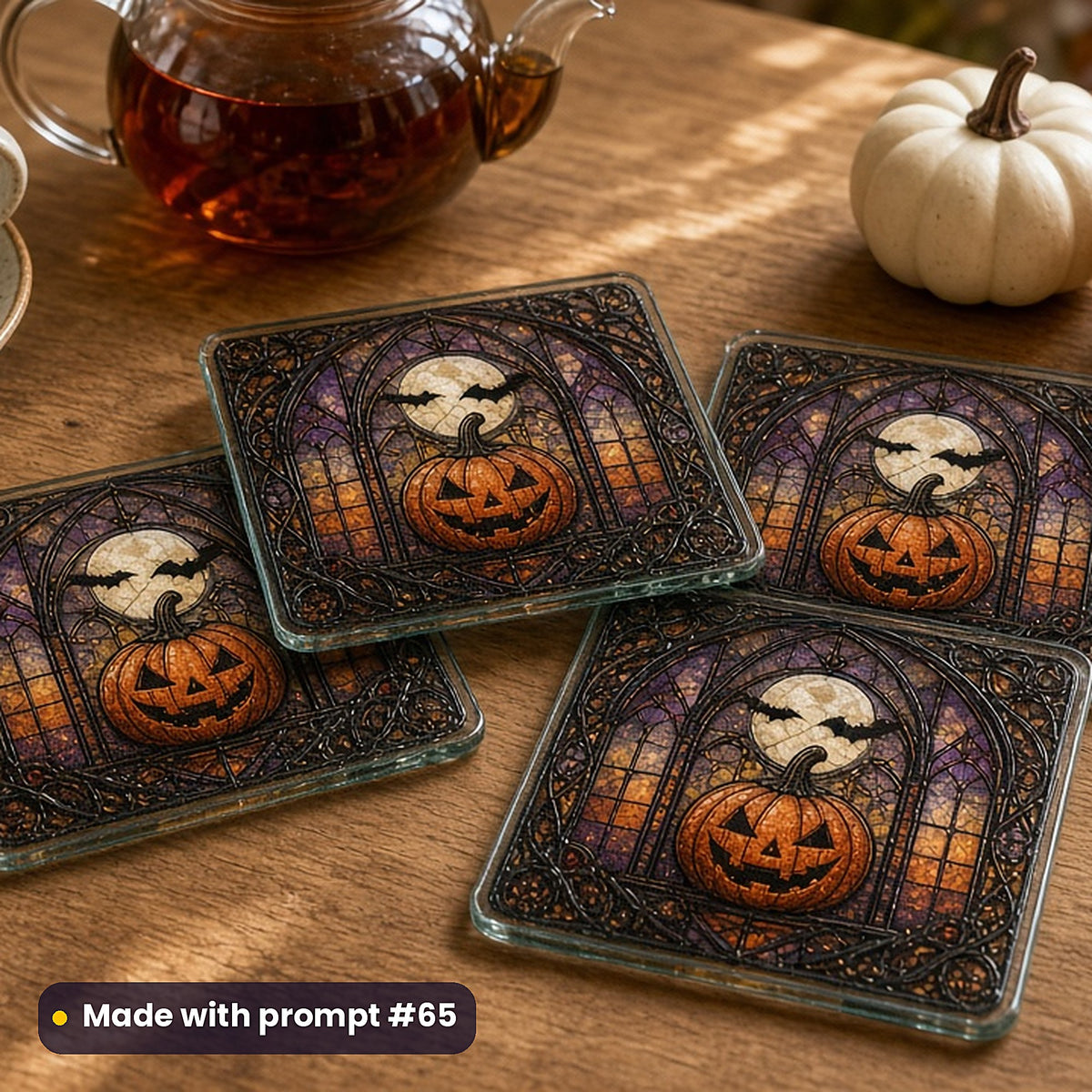 Halloween Gothic Windows stained glass prompt pack: set of UV-printed glass coasters mockup, made with prompt #65