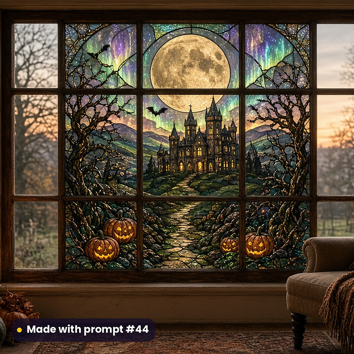 Halloween Gothic Windows stained glass prompt pack: faux stained glass window panel mockup, made with prompt #44