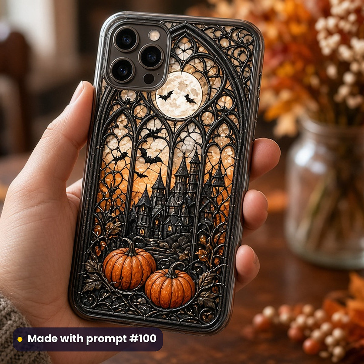 Halloween Gothic Windows stained glass prompt pack: UV-printed phone case mockup, made with prompt #100