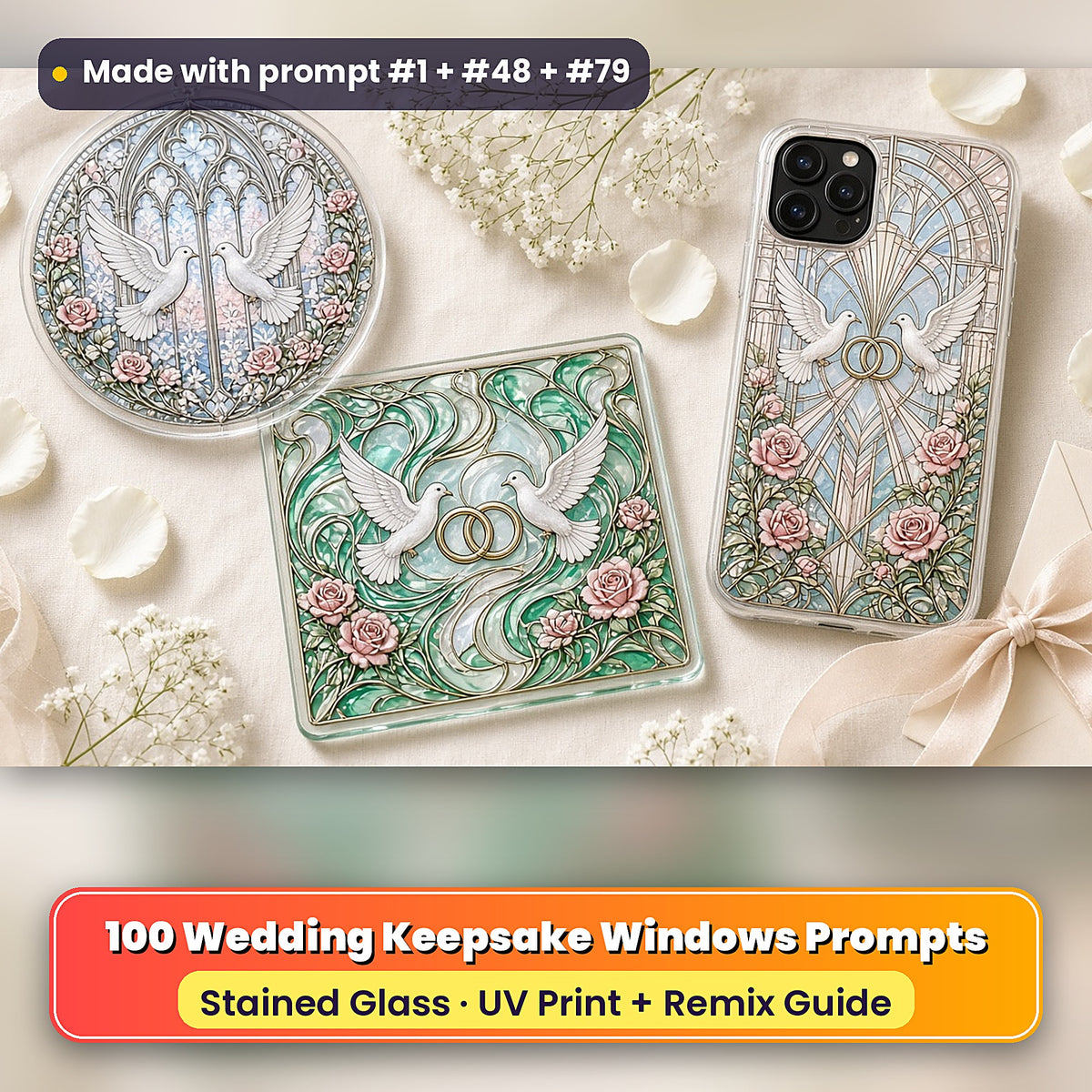 Wedding Keepsake Windows stained glass prompt pack: UV-printed suncatcher, coaster and phone case set mockup, made with prompt #1 + #48 + #79