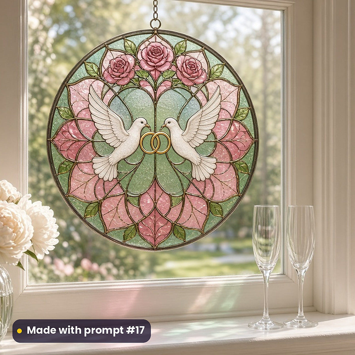 Wedding Keepsake Windows stained glass prompt pack: UV-printed acrylic suncatcher in a window mockup, made with prompt #17