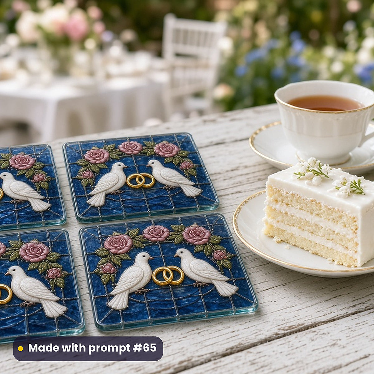 Wedding Keepsake Windows stained glass prompt pack: set of UV-printed glass coasters mockup, made with prompt #65