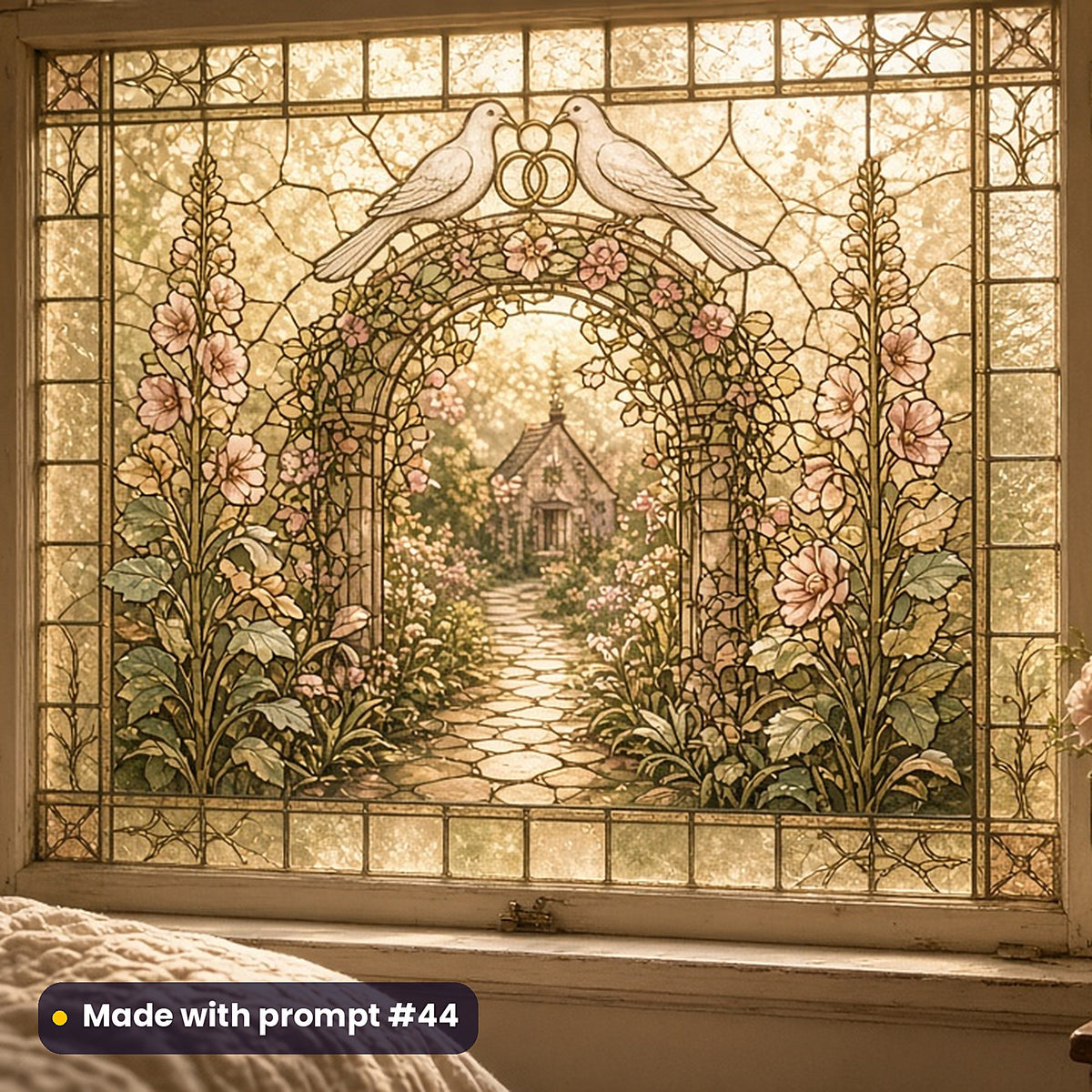 Wedding Keepsake Windows stained glass prompt pack: faux stained glass window panel mockup, made with prompt #44