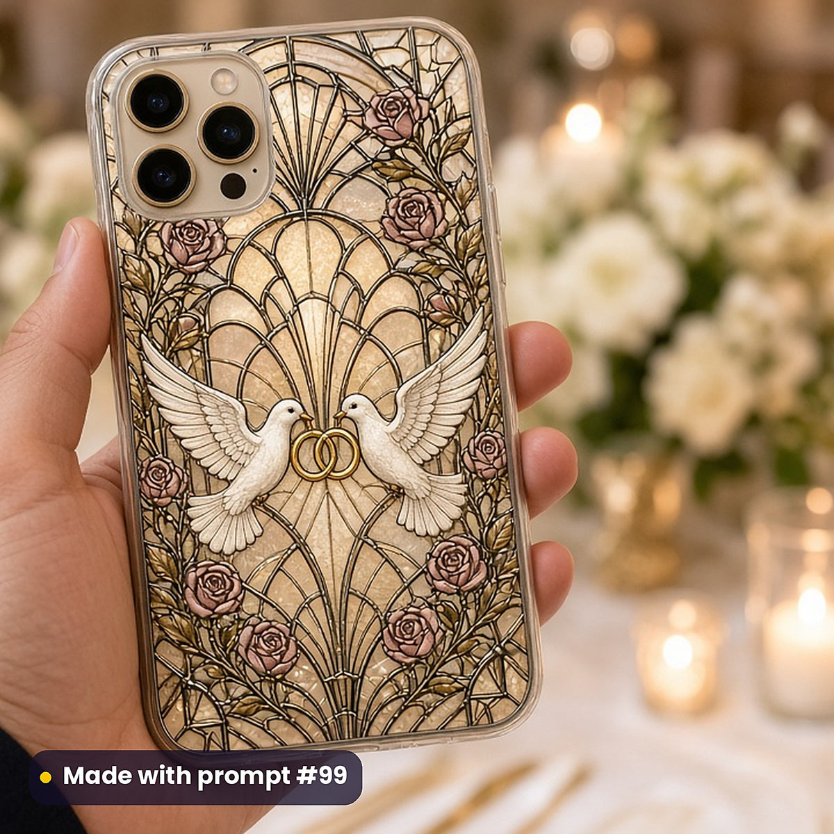 Wedding Keepsake Windows stained glass prompt pack: UV-printed phone case mockup, made with prompt #99
