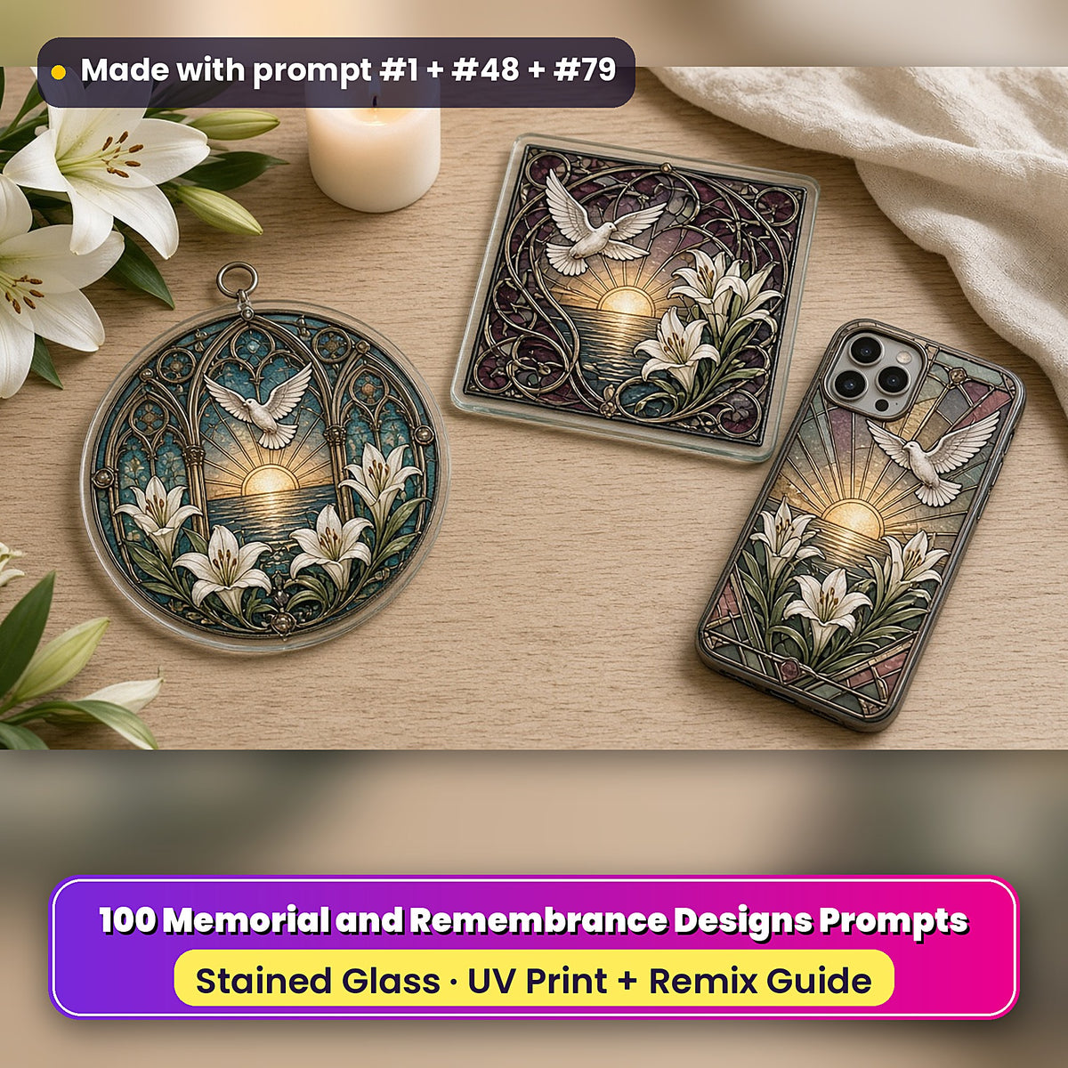Memorial and Remembrance Designs stained glass prompt pack: UV-printed suncatcher, coaster and phone case set mockup, made with prompt #1 + #48 + #79