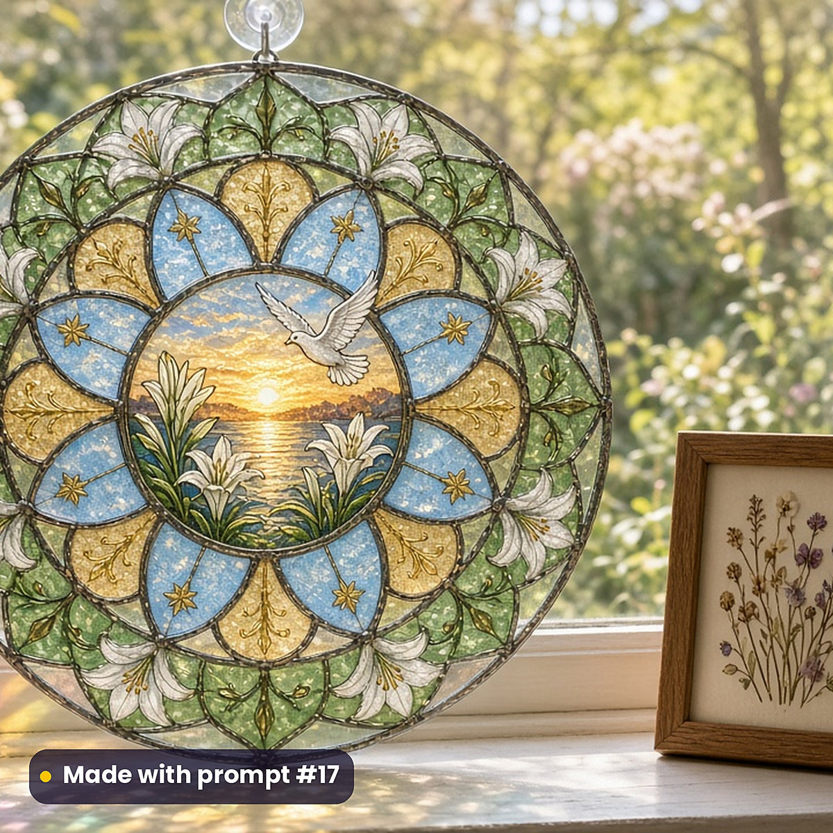 Memorial and Remembrance Designs stained glass prompt pack: UV-printed acrylic suncatcher in a window mockup, made with prompt #17