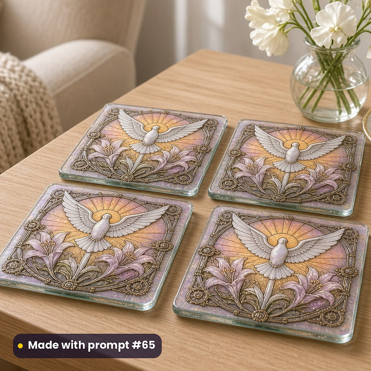 Memorial and Remembrance Designs stained glass prompt pack: set of UV-printed glass coasters mockup, made with prompt #65