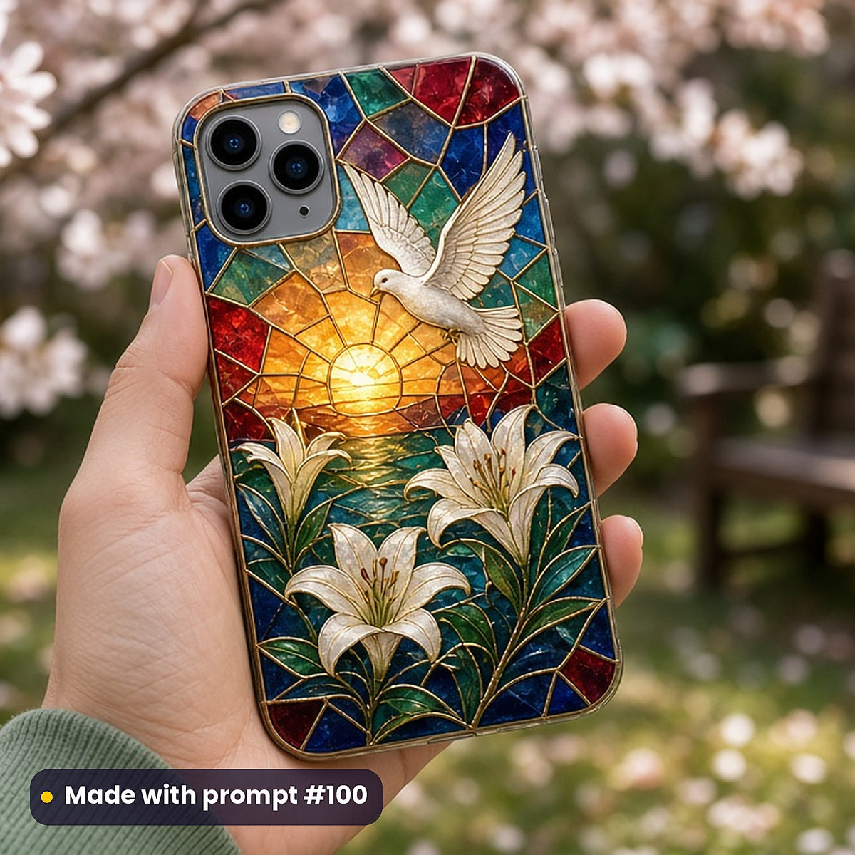 Memorial and Remembrance Designs stained glass prompt pack: UV-printed phone case mockup, made with prompt #100