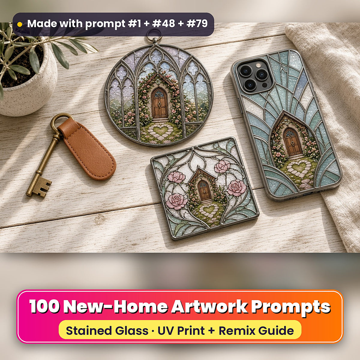 New-Home Artwork stained glass prompt pack: UV-printed suncatcher, coaster and phone case set mockup, made with prompt #1 + #48 + #79