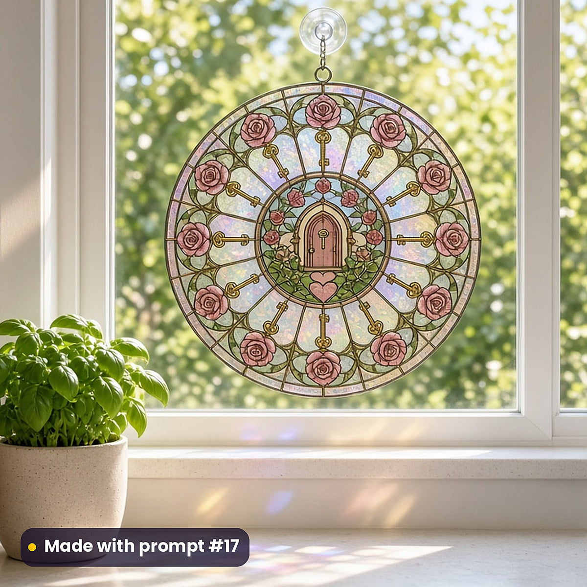 New-Home Artwork stained glass prompt pack: UV-printed acrylic suncatcher in a window mockup, made with prompt #17