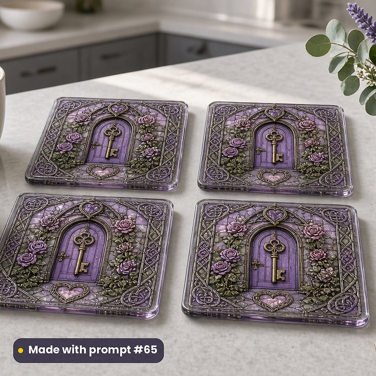 New-Home Artwork stained glass prompt pack: set of UV-printed glass coasters mockup, made with prompt #65