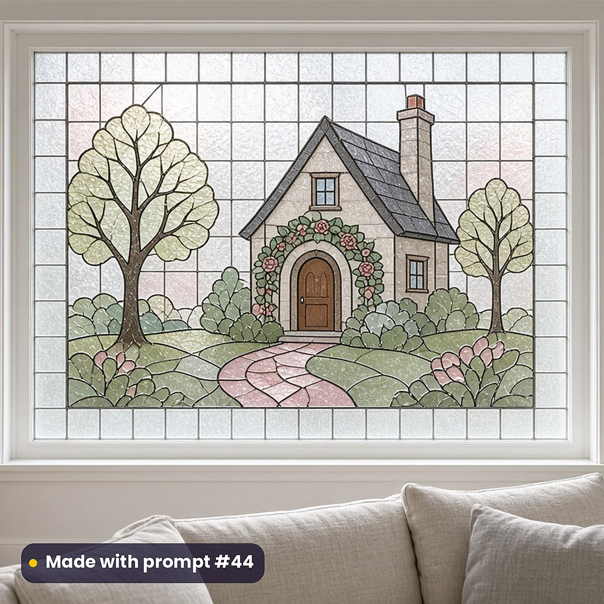 New-Home Artwork stained glass prompt pack: faux stained glass window panel mockup, made with prompt #44