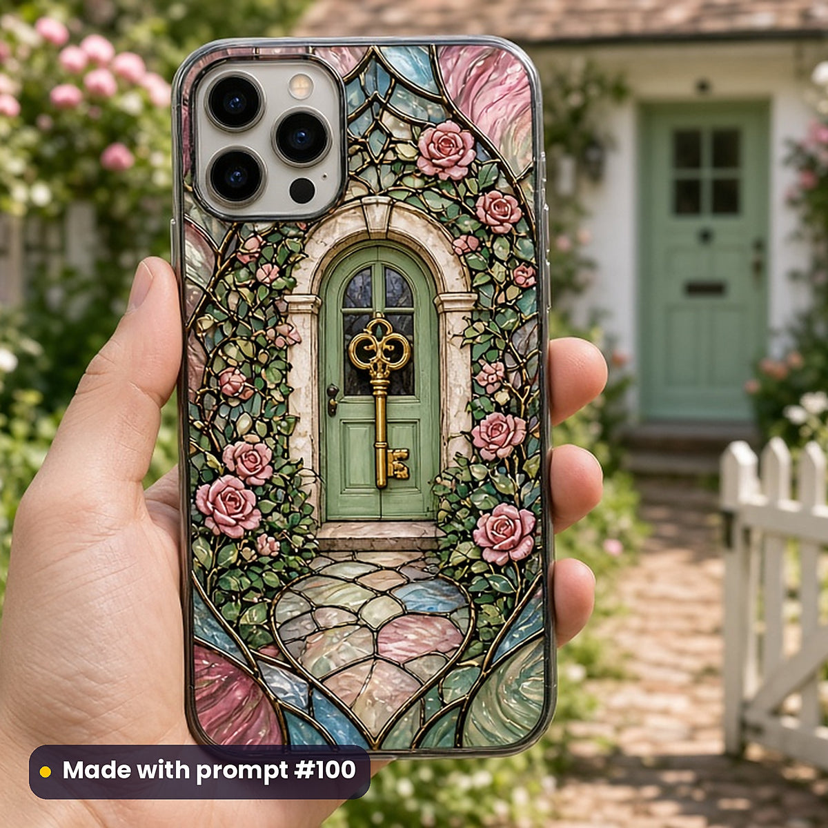 New-Home Artwork stained glass prompt pack: UV-printed phone case mockup, made with prompt #100