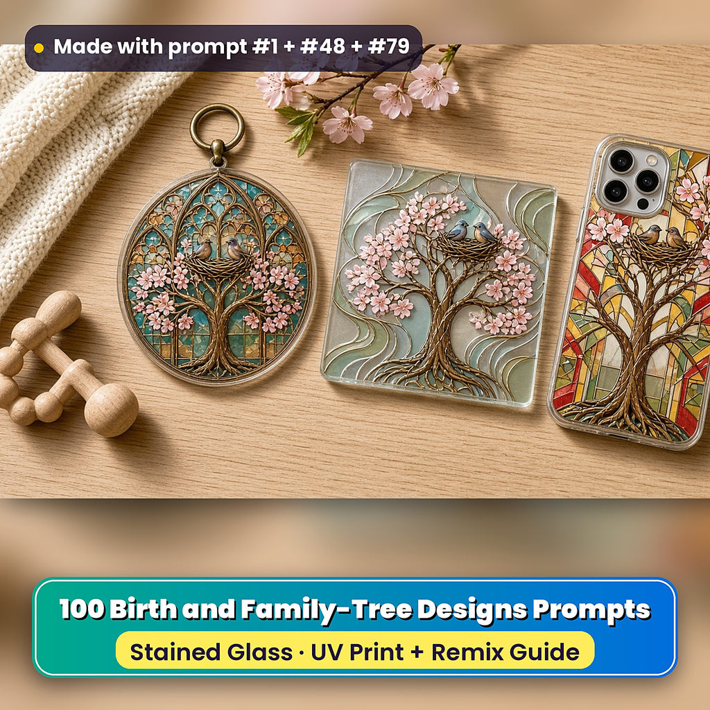 Birth and Family-Tree Designs stained glass prompt pack: UV-printed suncatcher, coaster and phone case set mockup, made with prompt #1 + #48 + #79
