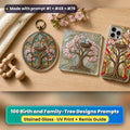 Birth and Family-Tree Designs stained glass prompt pack: UV-printed suncatcher, coaster and phone case set mockup, made with prompt #1 + #48 + #79