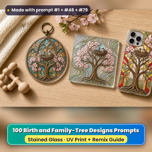 Birth and Family-Tree Designs stained glass prompt pack: UV-printed suncatcher, coaster and phone case set mockup, made with prompt #1 + #48 + #79