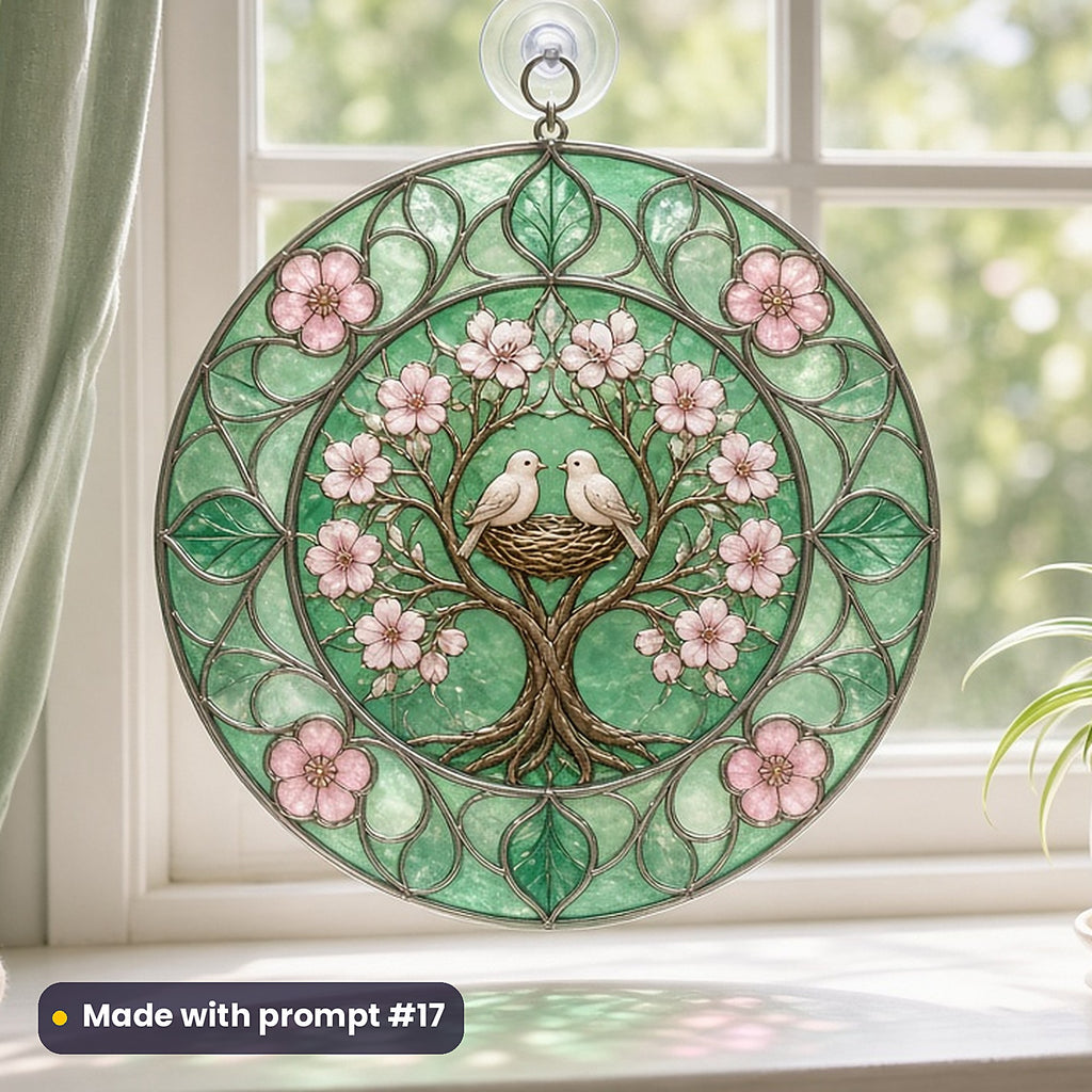 Birth and Family-Tree Designs stained glass prompt pack: UV-printed acrylic suncatcher in a window mockup, made with prompt #17