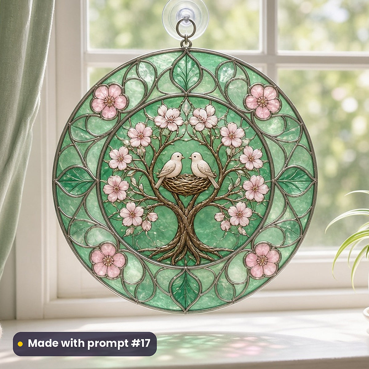 Birth and Family-Tree Designs stained glass prompt pack: UV-printed acrylic suncatcher in a window mockup, made with prompt #17