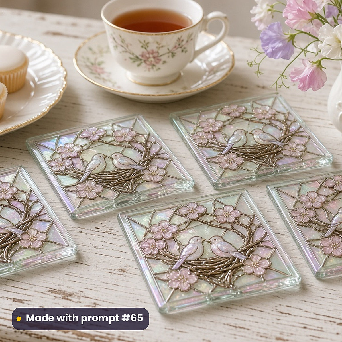Birth and Family-Tree Designs stained glass prompt pack: set of UV-printed glass coasters mockup, made with prompt #65