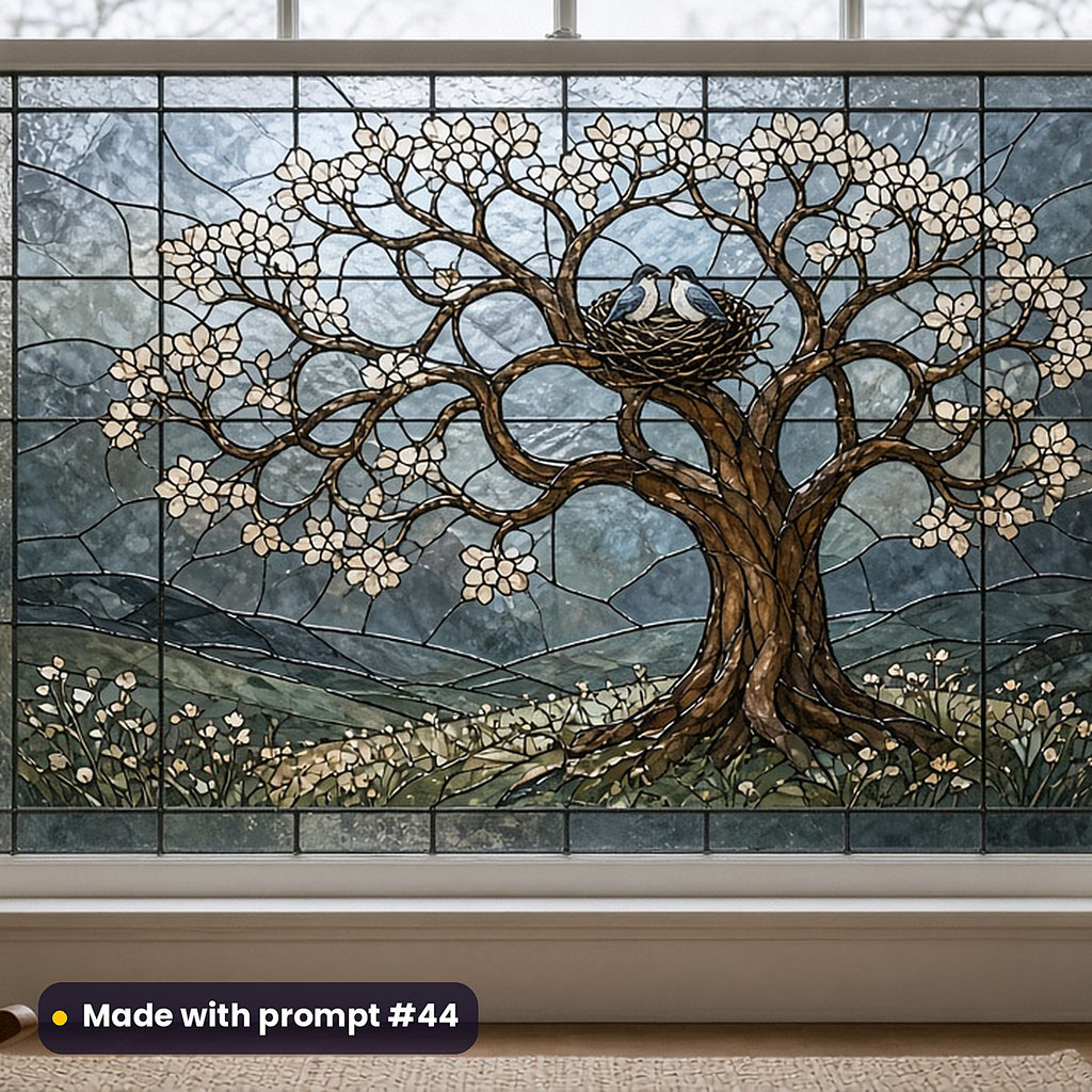 Birth and Family-Tree Designs stained glass prompt pack: faux stained glass window panel mockup, made with prompt #44