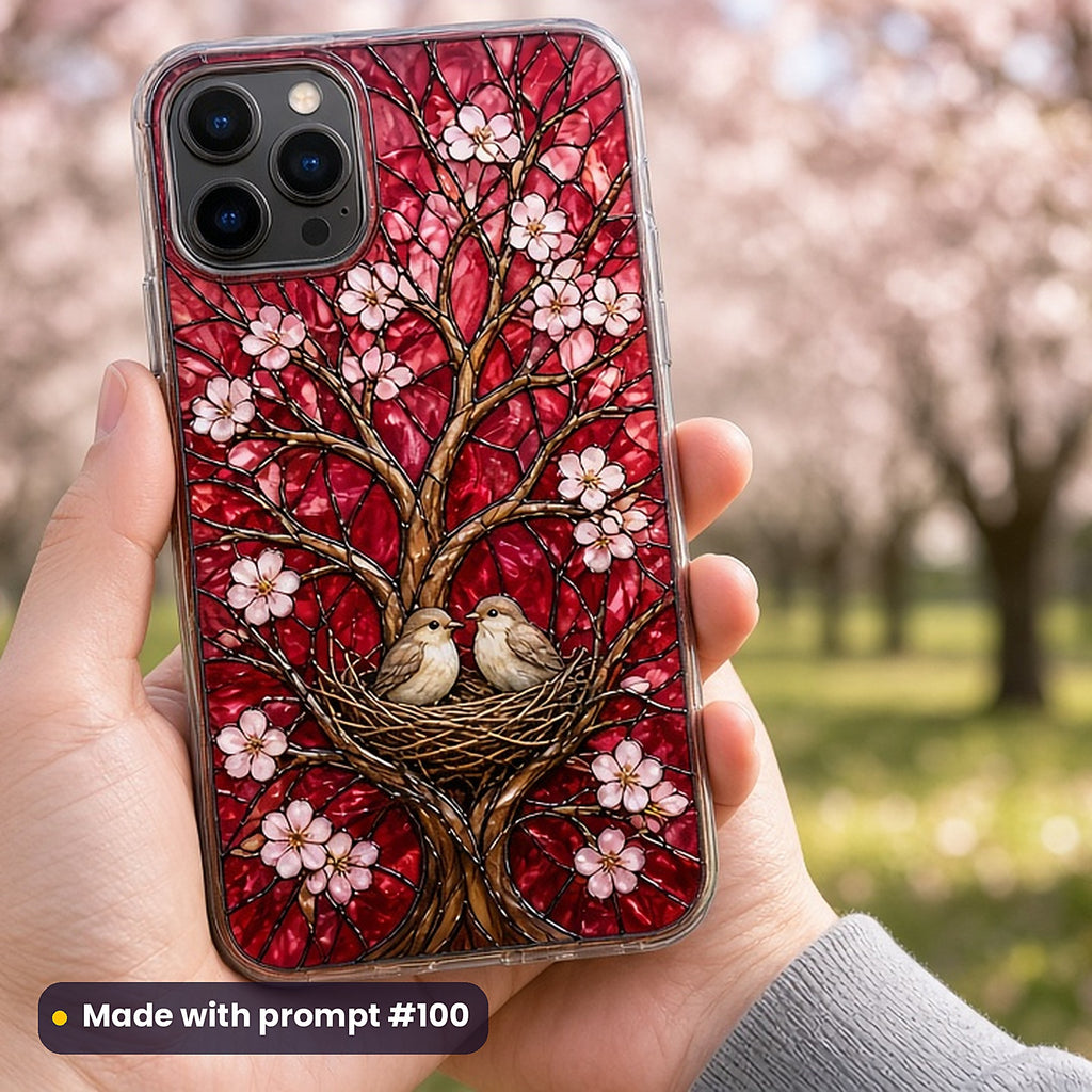 Birth and Family-Tree Designs stained glass prompt pack: UV-printed phone case mockup, made with prompt #100