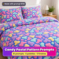 Candy Pastels Seamless Pattern Prompt Pack title image: a double bed in a duvet cover and pillowcases printed with glossy pink, lemon, lilac and mint lava blobs on cornflower blue, made with prompt #30
