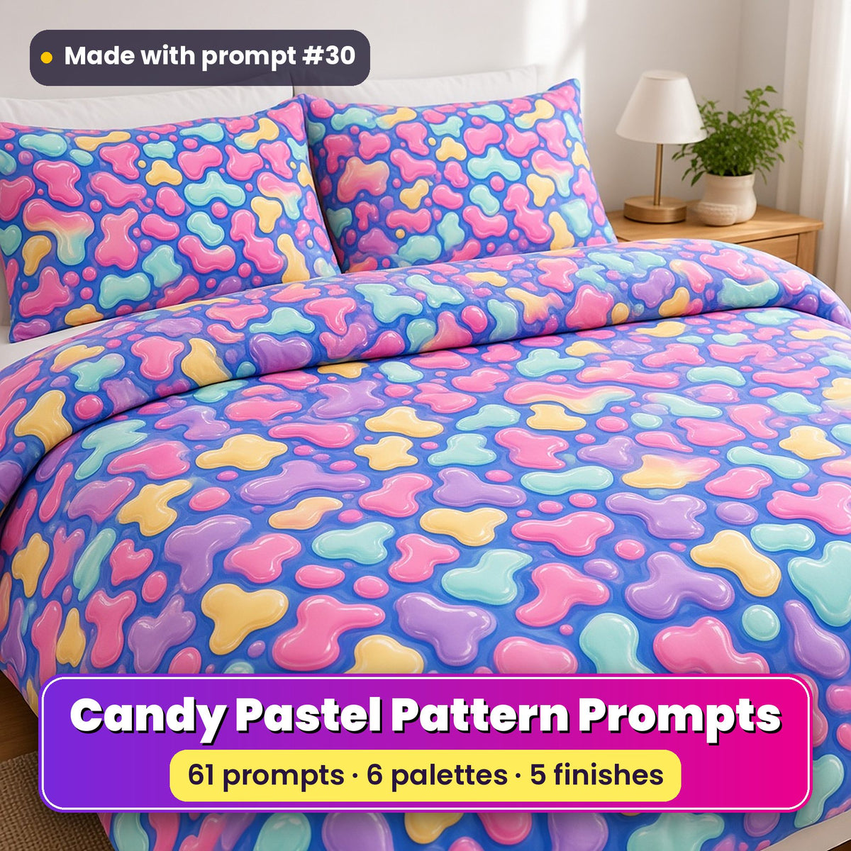 Candy Pastels Seamless Pattern Prompt Pack title image: a double bed in a duvet cover and pillowcases printed with glossy pink, lemon, lilac and mint lava blobs on cornflower blue, made with prompt #30