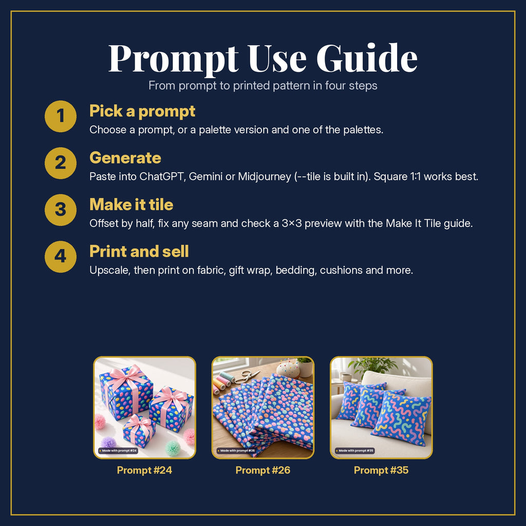 Prompt Use Guide in four steps: pick a prompt, generate, make it tile, print and sell, with example products made with prompt #24, prompt #26, prompt #35