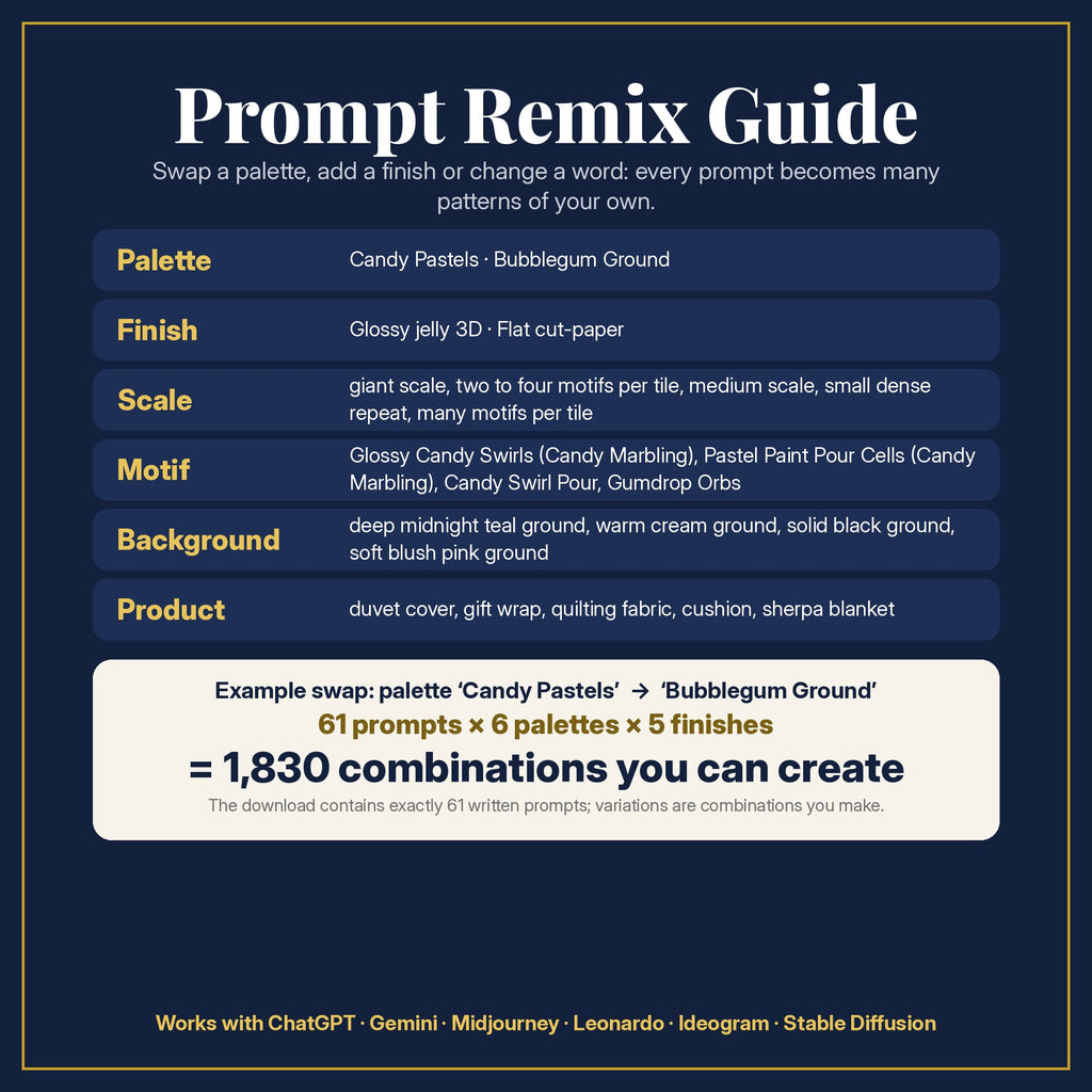 Prompt Remix Guide: swap the palette, finish, scale, motif, background or product; 61 prompts × 6 palettes × 5 finishes = 1,830 combinations you can create