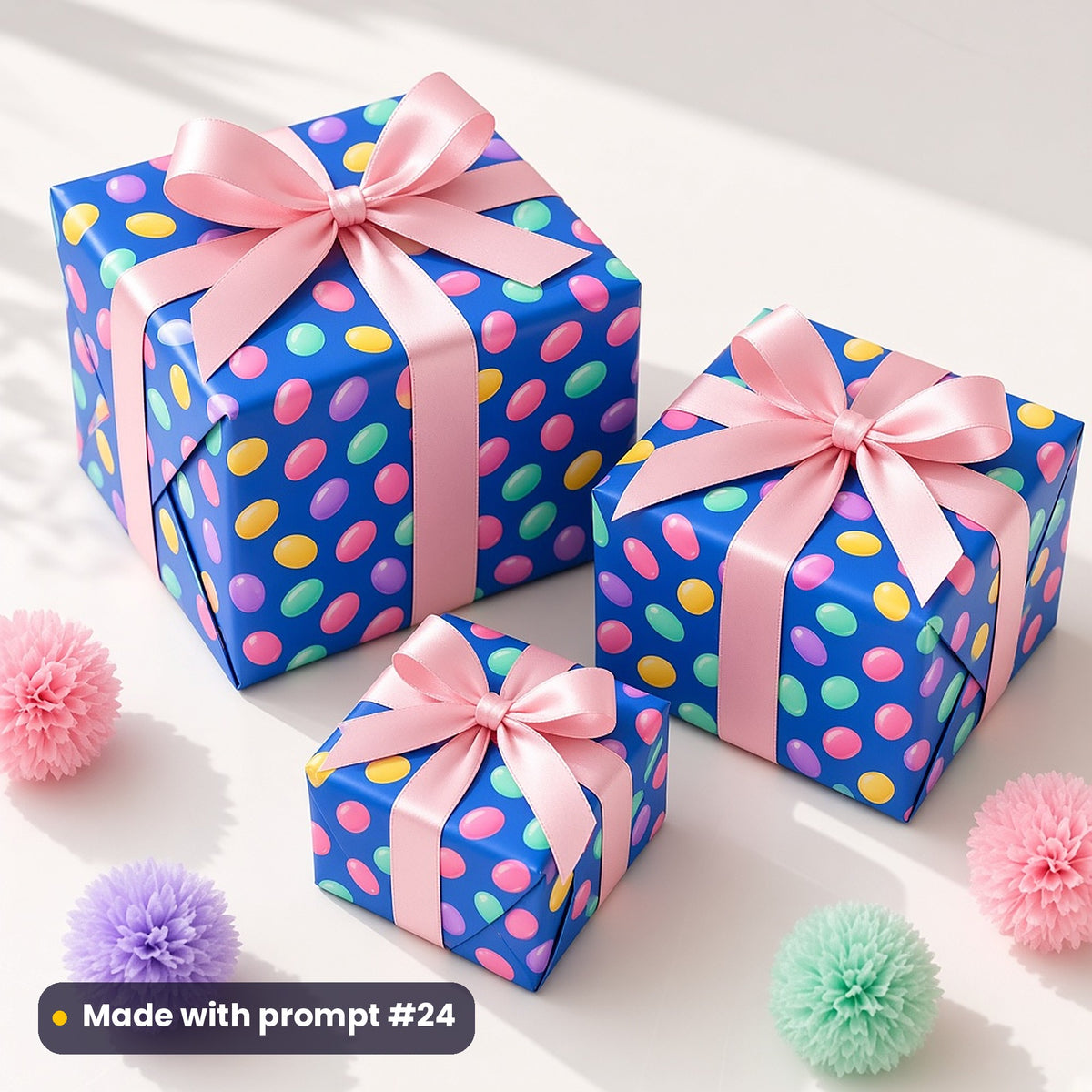Three presents wrapped in cornflower blue paper printed with glossy pastel jelly beans, tied with pink satin bows, made with prompt #24