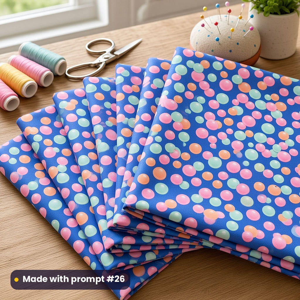 Folded quilting cotton printed with clusters of pastel pink, peach and mint bubbles on cornflower blue, beside thread spools, made with prompt #26