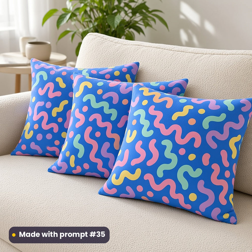 Three cushions on a cream sofa printed with pastel candy squiggles on cornflower blue, made with prompt #35