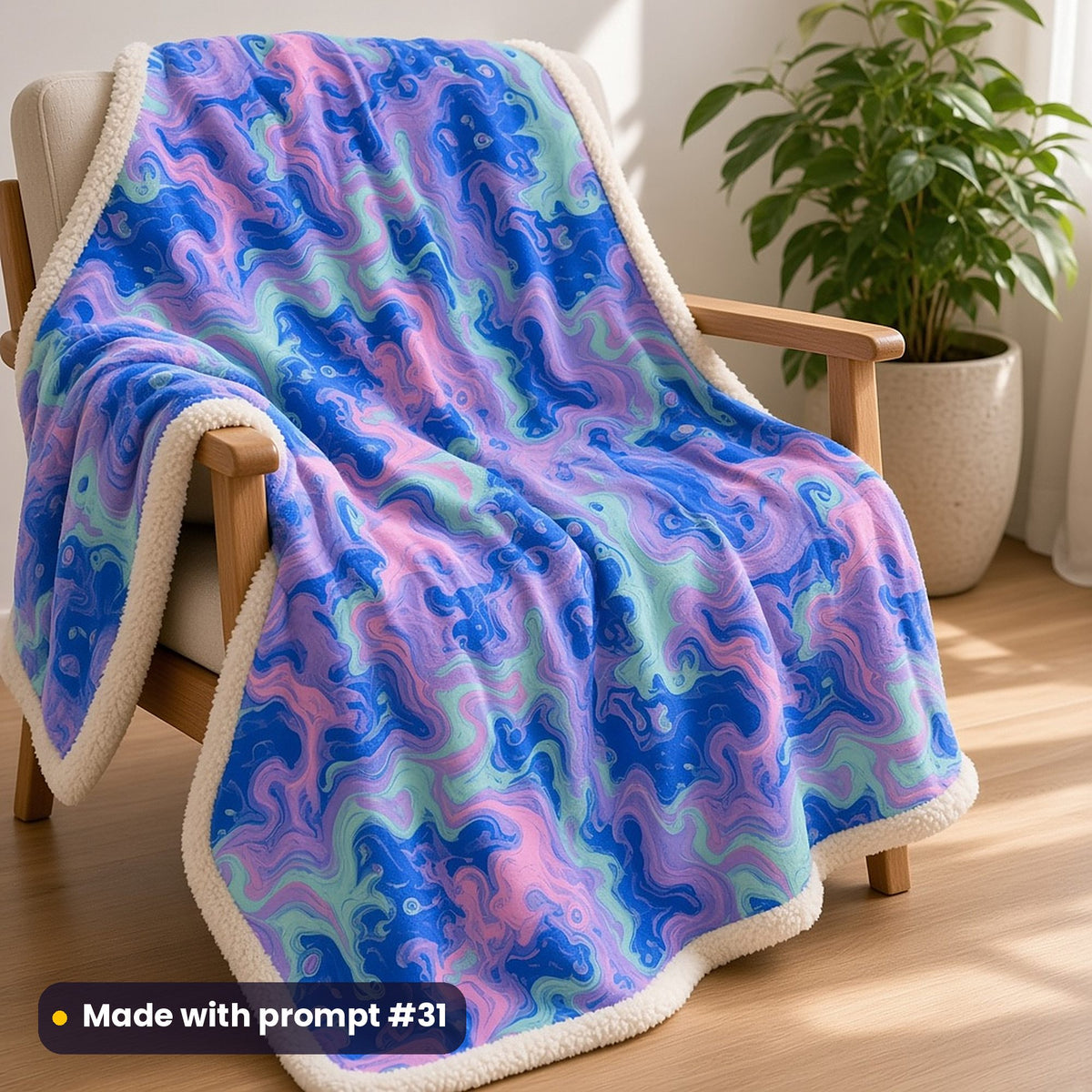 A sherpa blanket over a wooden armchair printed with swirling candy marble veins in blue, lilac, pink and aqua, made with prompt #31