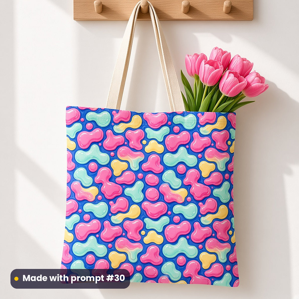 A tote bag on a peg rail printed with glossy pastel lava blobs on cornflower blue, holding pink tulips, made with prompt #30