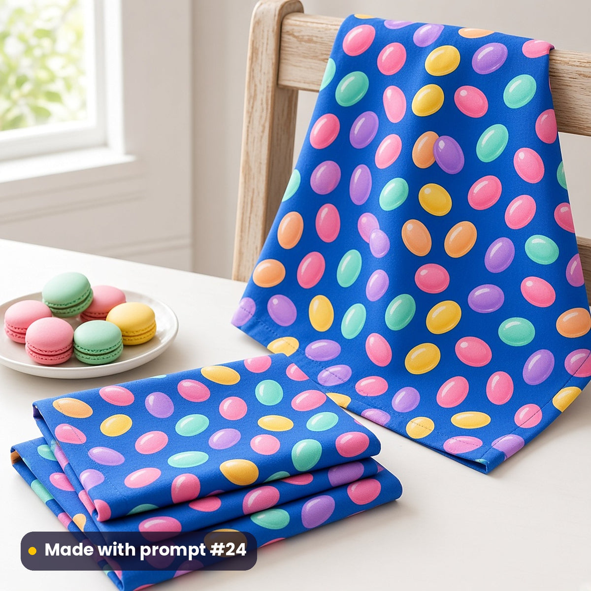 Tea towels printed with glossy pastel jelly beans on cornflower blue, beside a plate of macarons, made with prompt #24