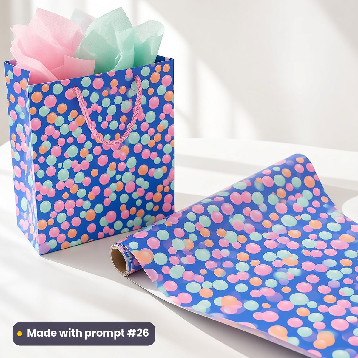 A gift bag and a roll of wrapping paper printed with pastel bubble clusters on cornflower blue, made with prompt #26