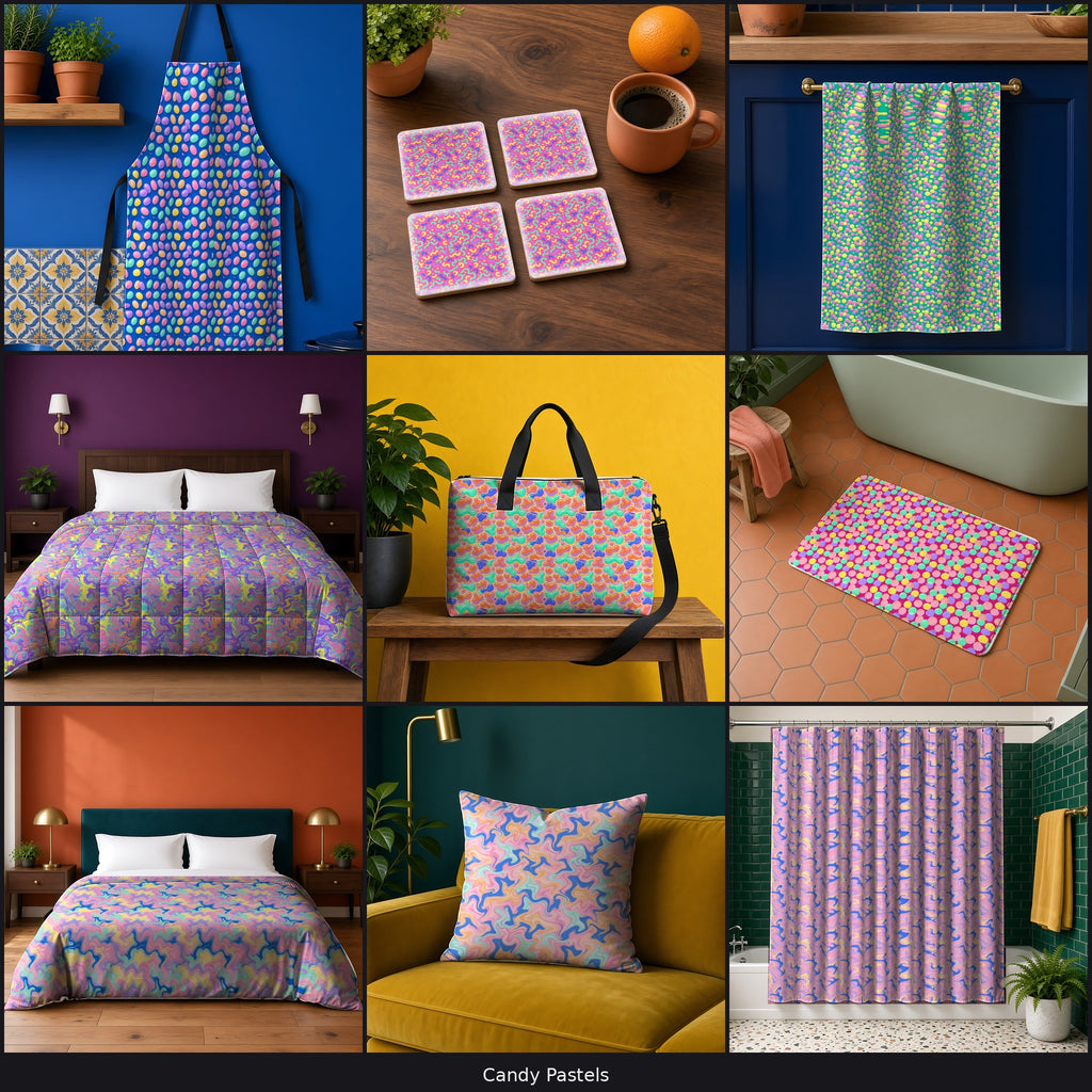 Variety collage of 9 patterns in different palettes on a apron, coaster, tea towel, comforter, tote bag, bath mat, duvet cover, cushion and shower curtain, example use of Candy Pastels Seamless Pattern Prompt Pack