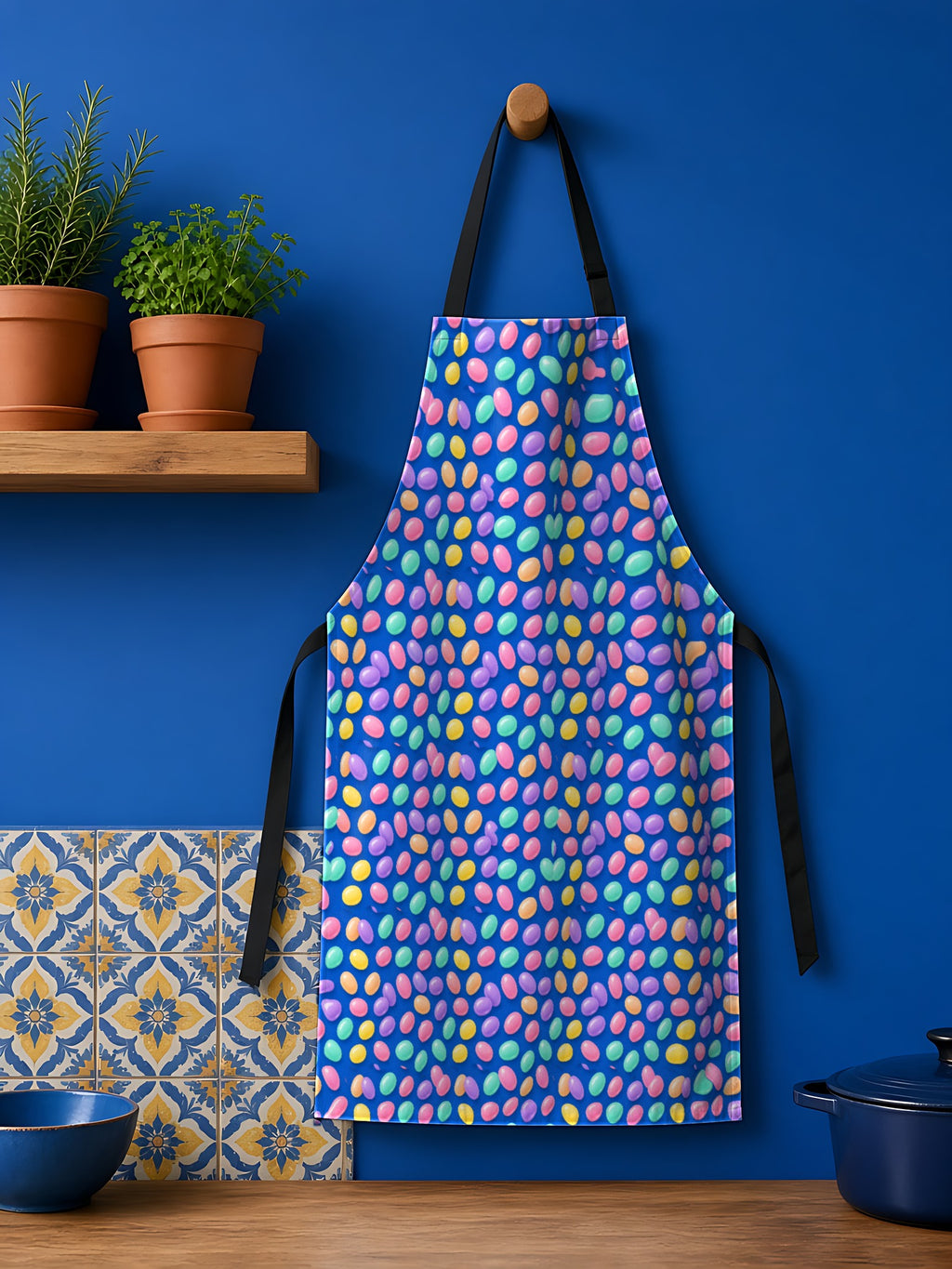 Jelly Bean Scatter in Candy Pastels palette on an apron, example use of Candy Pastels Seamless Pattern Prompt Pack