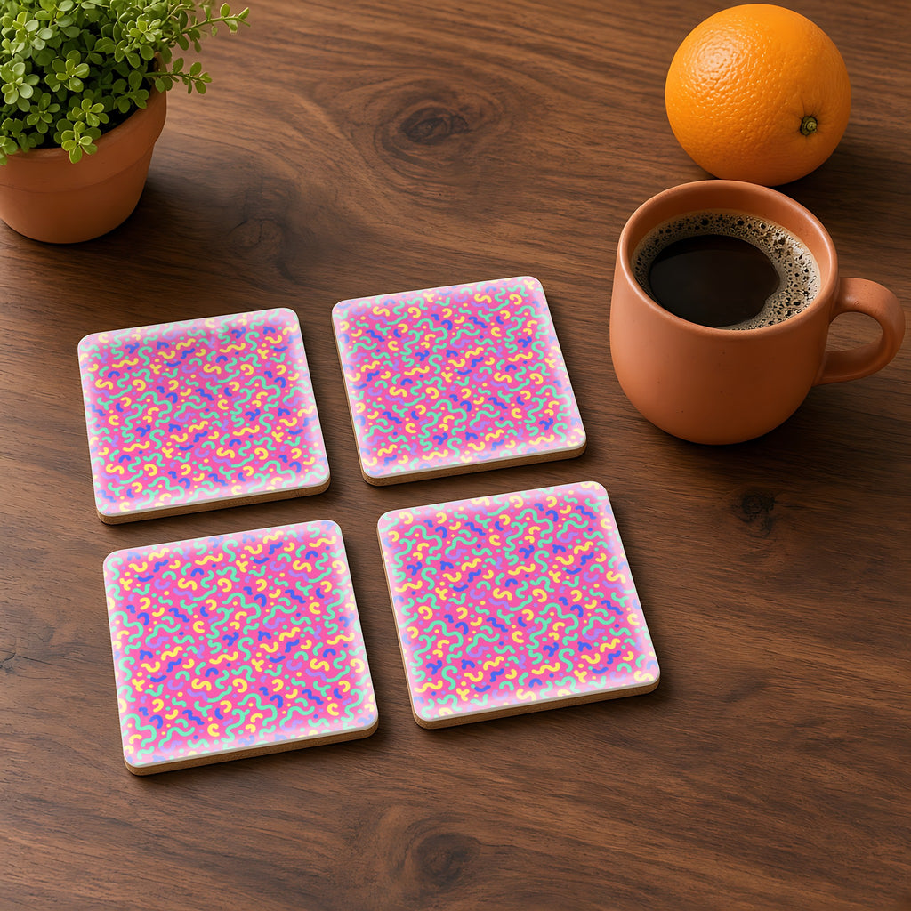Squiggle Sweets in Bubblegum Ground palette on a coaster, example use of Candy Pastels Seamless Pattern Prompt Pack