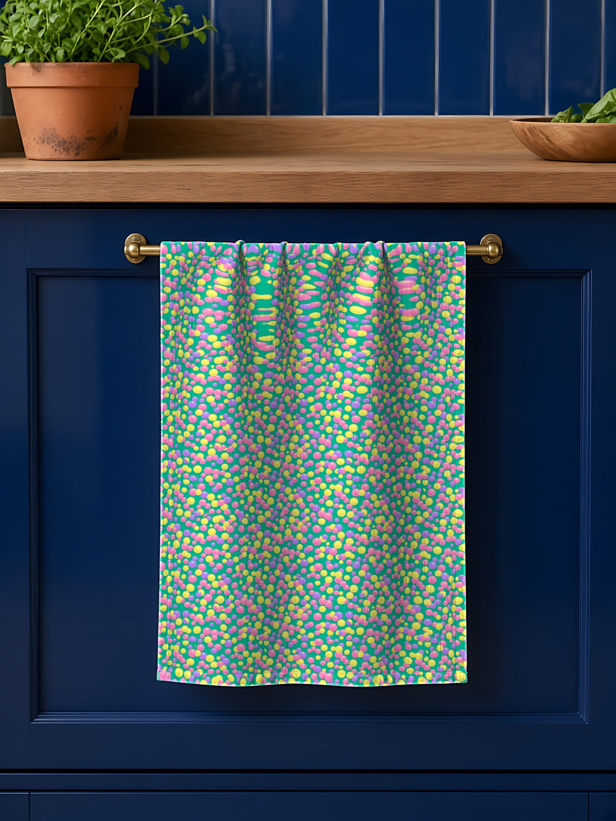 Bubble Cluster Pop in Mint Fizz palette on a tea towel, example use of Candy Pastels Seamless Pattern Prompt Pack