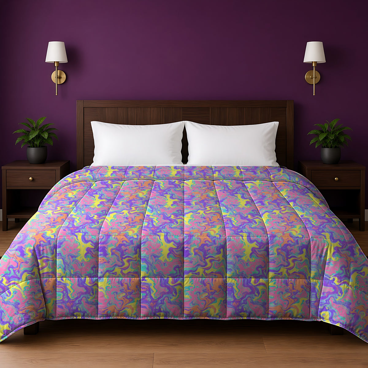 Candy Marble Veins in Lilac Dream palette on a comforter, example use of Candy Pastels Seamless Pattern Prompt Pack