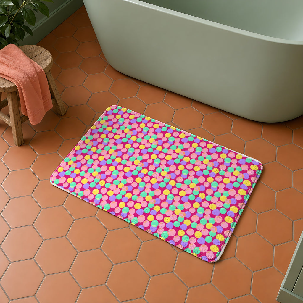 Gumdrop Orbs in Berry Sorbet palette on a bath mat, example use of Candy Pastels Seamless Pattern Prompt Pack