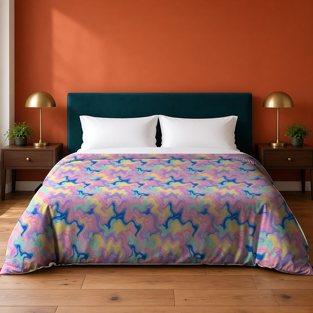 Candy Swirl Pour in Candy Pastels palette on a duvet cover, example use of Candy Pastels Seamless Pattern Prompt Pack