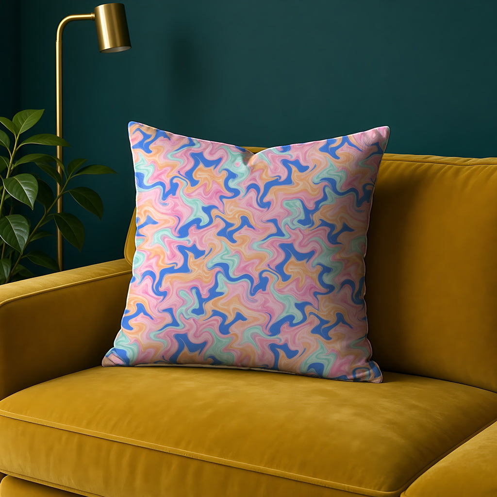 Sherbet Ripples in Candy Pastels palette on a cushion, example use of Candy Pastels Seamless Pattern Prompt Pack