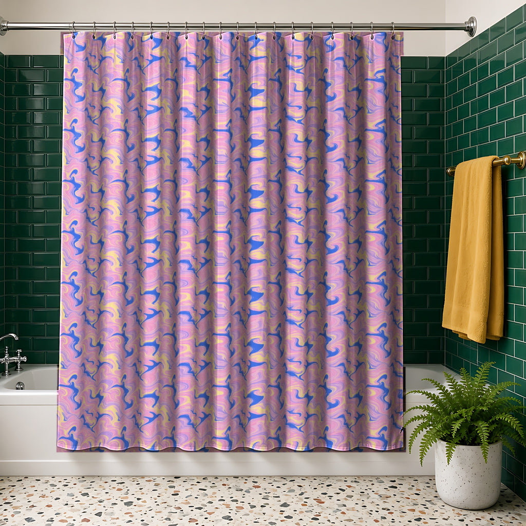 Taffy Twist Bands in Candy Pastels palette on a shower curtain, example use of Candy Pastels Seamless Pattern Prompt Pack