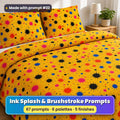 Ink Splash & Brushstroke Riot Seamless Pattern Prompt Pack title image: a double bed in a saffron yellow duvet cover and pillowcases printed with black, red, pink and blue ink splats, made with prompt #22