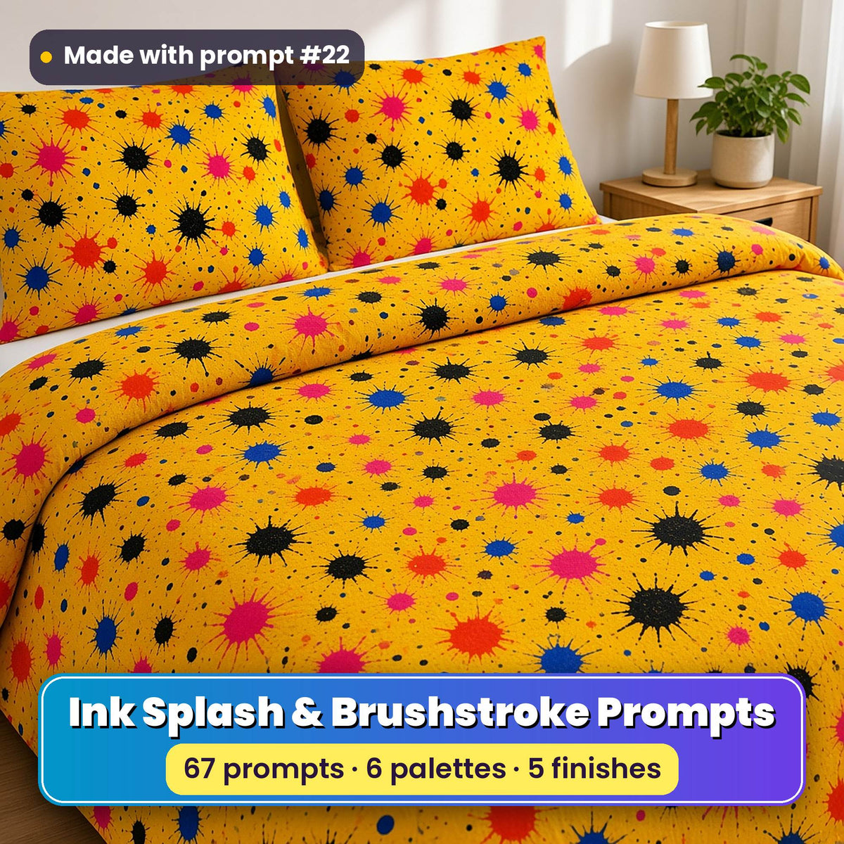 Ink Splash & Brushstroke Riot Seamless Pattern Prompt Pack title image: a double bed in a saffron yellow duvet cover and pillowcases printed with black, red, pink and blue ink splats, made with prompt #22