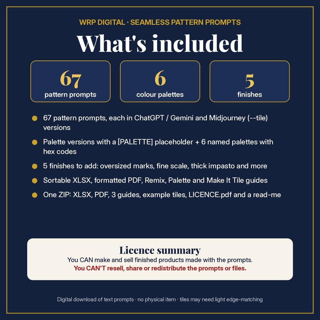 What's included: 67 seamless pattern prompts in ChatGPT / Gemini and Midjourney versions, 6 palettes, 5 finishes, XLSX and PDF, Remix, Palette and Make It Tile guides, ZIP and licence