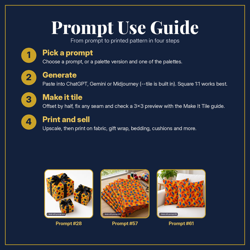 Prompt Use Guide in four steps: pick a prompt, generate, make it tile, print and sell, with example products made with prompt #28, prompt #57, prompt #61