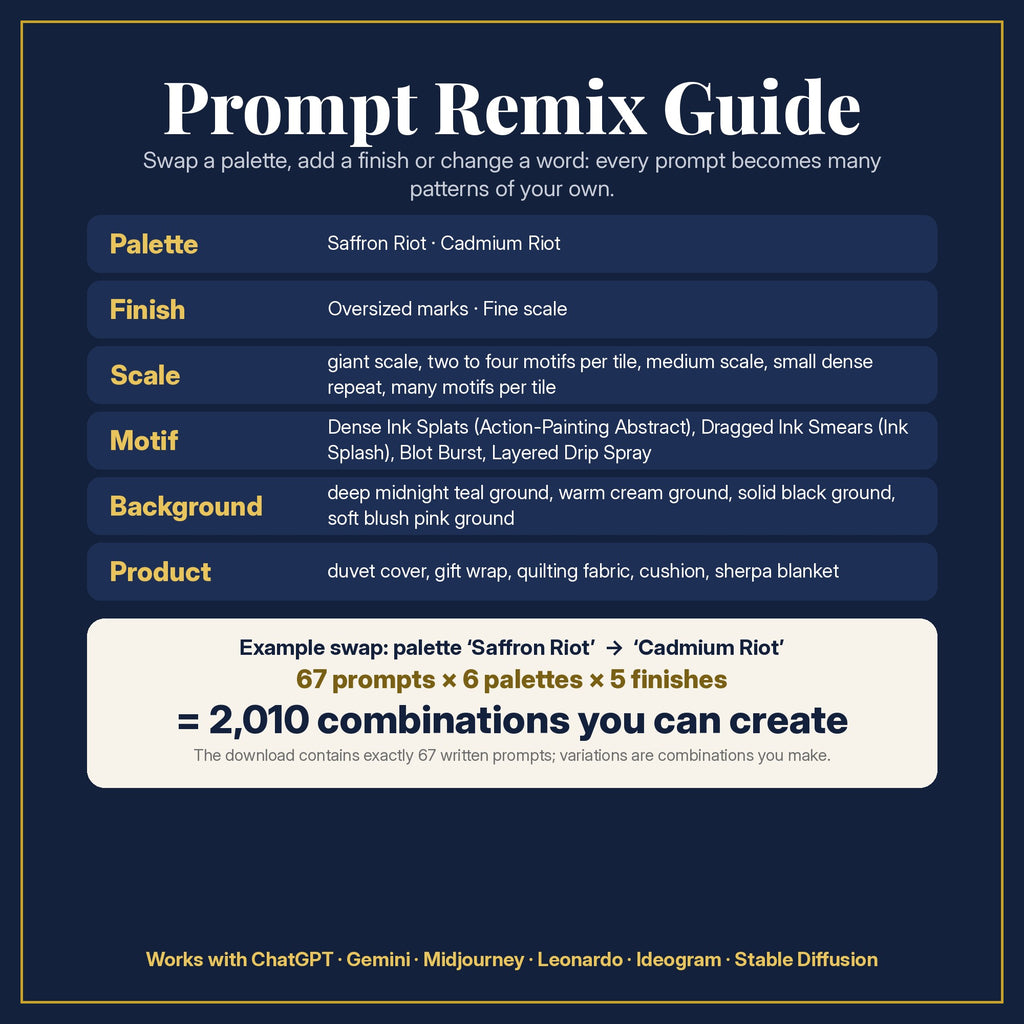 Prompt Remix Guide: swap the palette, finish, scale, motif, background or product; 67 prompts × 6 palettes × 5 finishes = 2,010 combinations you can create